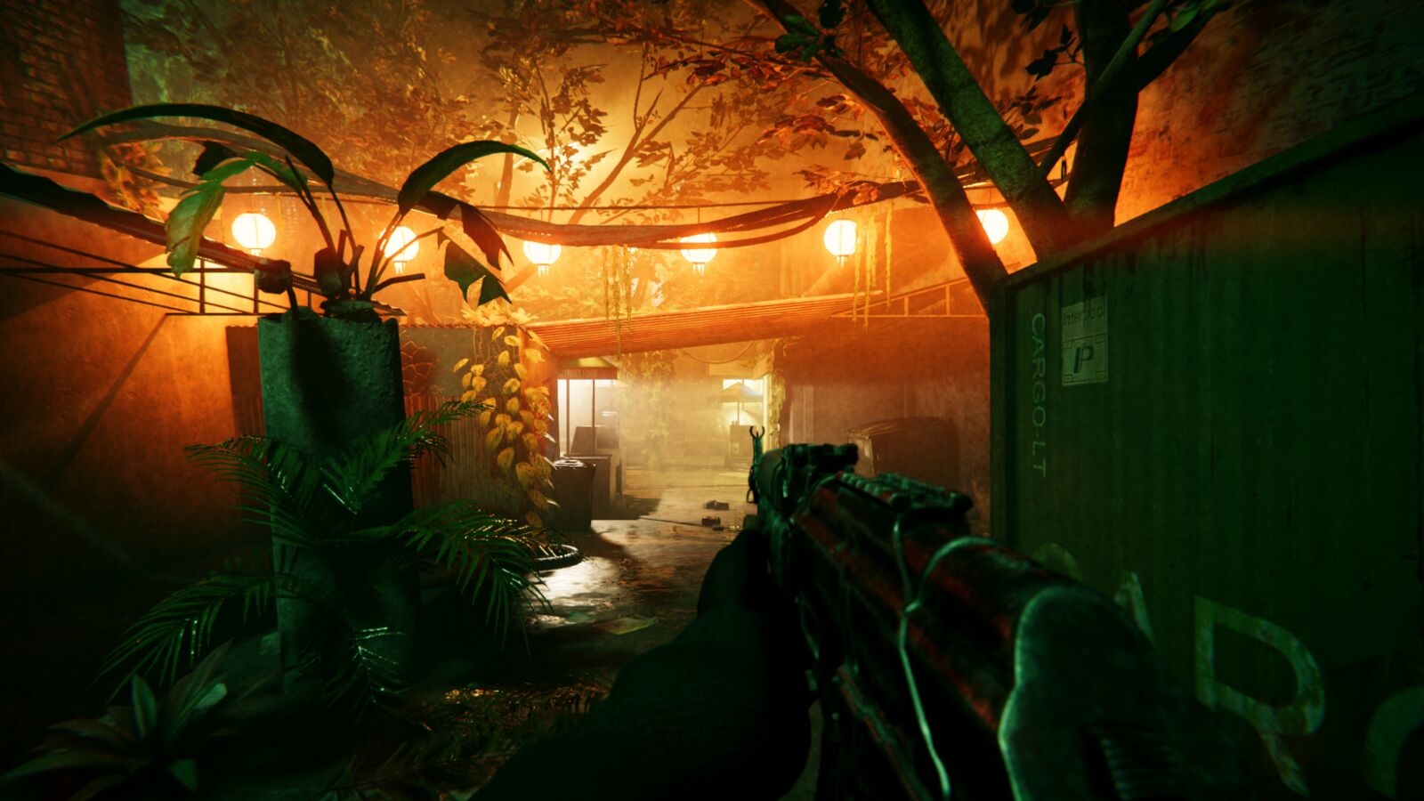 Lantern-lit jungle courtyard at night