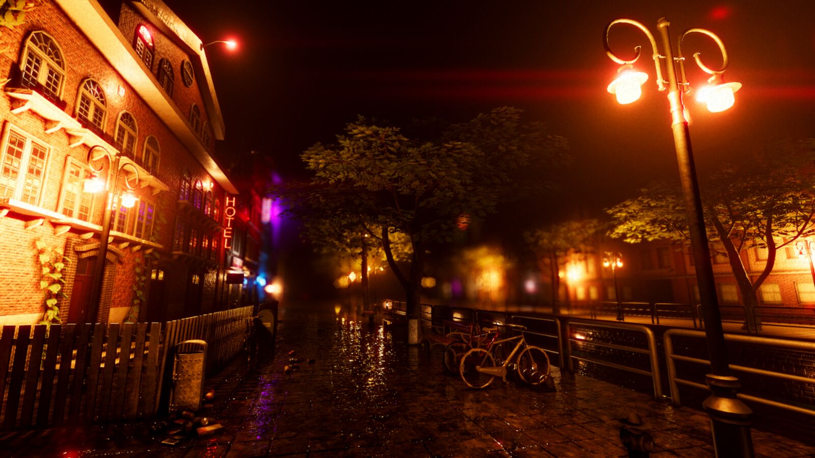 A foggy canal street at night, wet cobbles reflecting shop and street lights