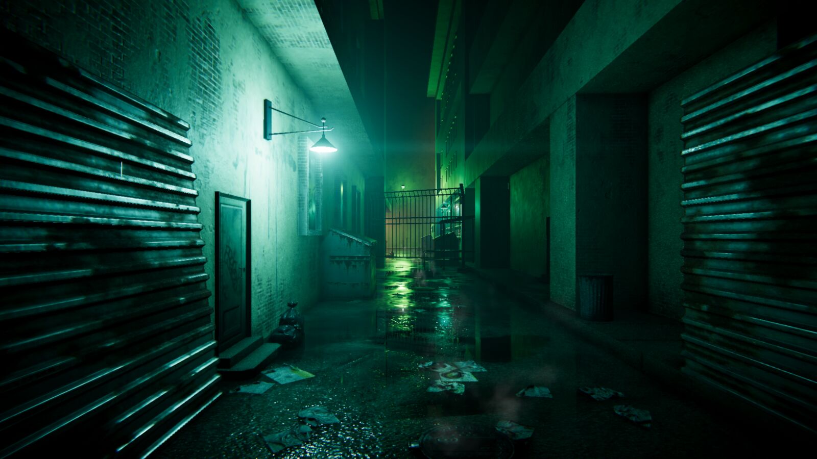 A narrow alley washed in teal light, wet ground and a gate at the far end